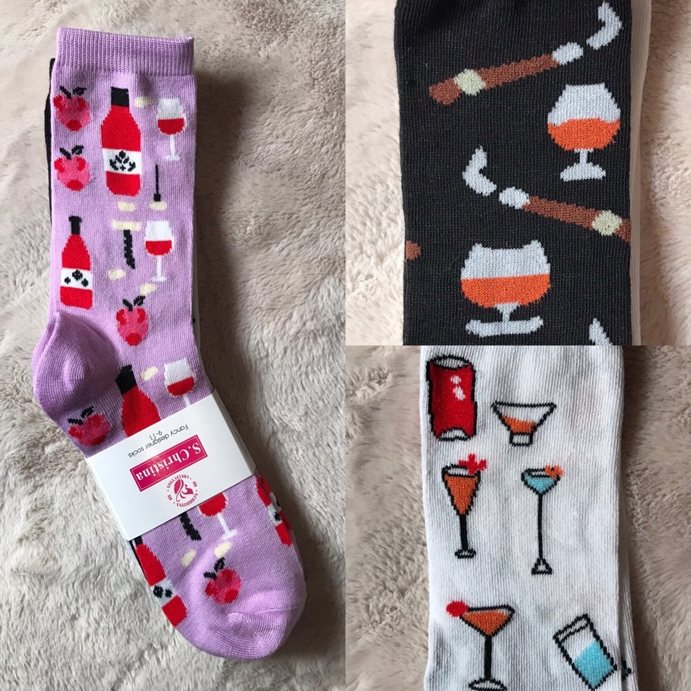 3 pack cocktail prints (wine, brandy and martinis) crew socks NWT